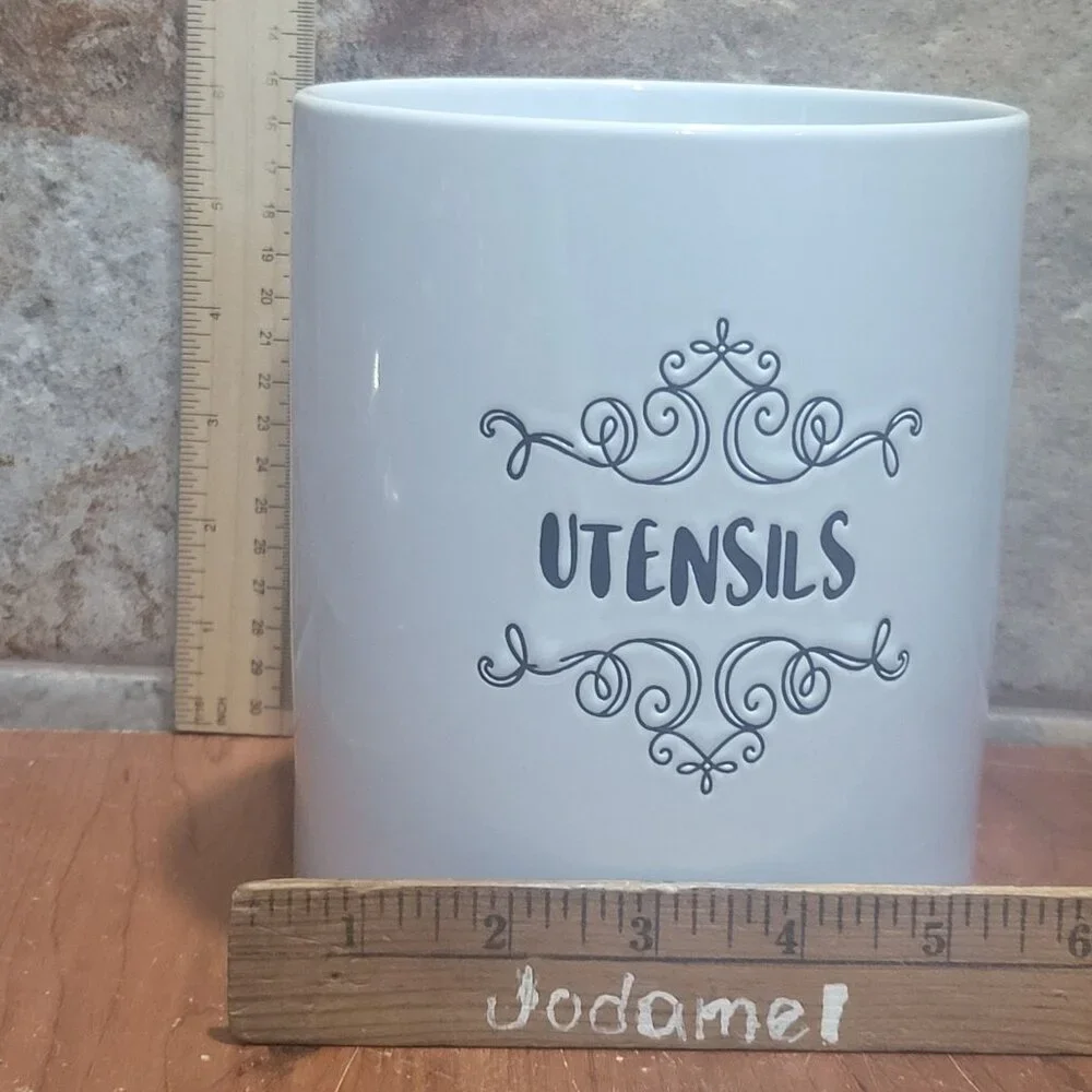 Scroll Collection Utensil Holder White Ceramic Cannister